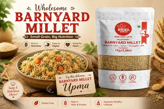 Healthy Barnyard Millet Upma made with Rigel Spices Barnyard Millet served in a bowl.
