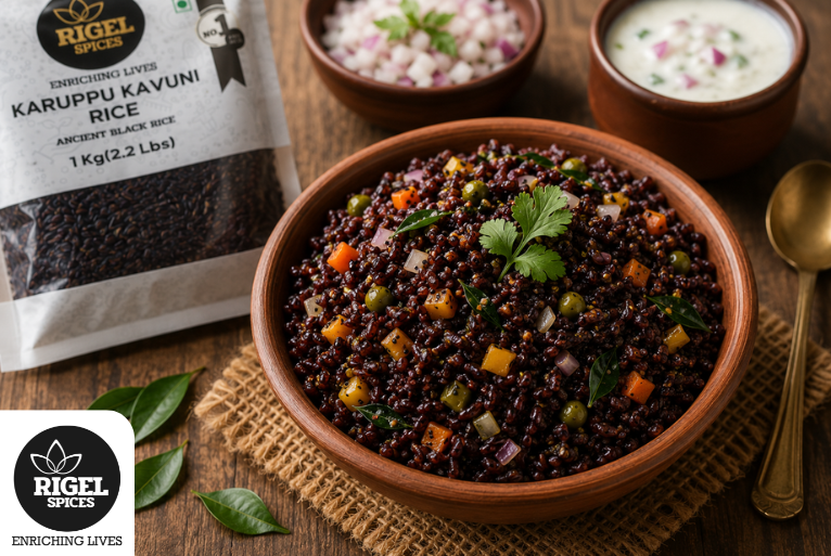 Traditional Karuppu Kavuni Rice sweet recipe made using Rigel Spices ancient black rice.