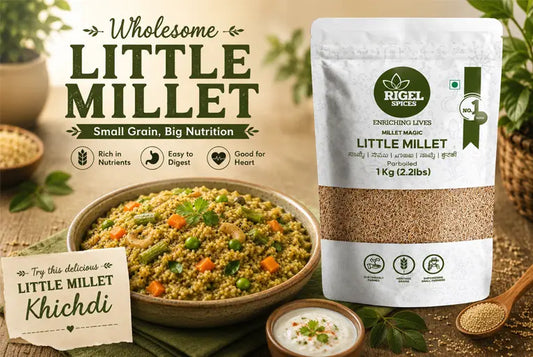 Healthy Little Millet Khichdi made with Rigel Spices Little Millet served in a bowl with vegetables and yogurt.