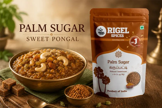 Traditional Palm Sugar Sweet Pongal prepared with Rigel Spices Palm Sugar, garnished with cashews and raisins.