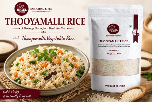 Thooyamalli Rice Vegetable Rice recipe made with Rigel Spices traditional heritage rice